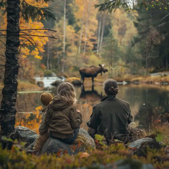 AI photo av en familie som iakttar en elg i skogen på motsatt side av et lite vann
