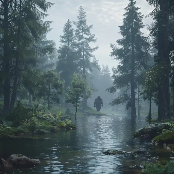 Et mytisk bilde av en trollbundet skog med et vann der et troll spaserer i bakgrunnen. Dette skal forestille Mytiske Telemark og skogene rundt om i Lårdal i Tokke kommune