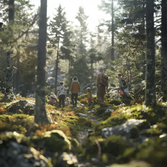 Et AI generert bilde av en familie på tur i en frodig skog. Bilde er generert for Lårdal Tretopphytter som ligger i Tokke kommune, like ved Dalen i Telemark