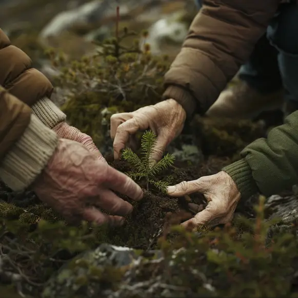 Et generert nærbilde av hender som planter et grantre i sammen. Hendene er av to eldre mennesker for å vise at denne generasjonen må ta vare på naturen for de neste generasjonene som kommer. Bilde skal være i Lårdal i Tokke kommune i Telemark